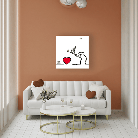 Ambientazione di MrLINEA con una rete e un grande cuore rosso in 'caccia al cuore', arte minimalista e simbolica di Cavandoli.