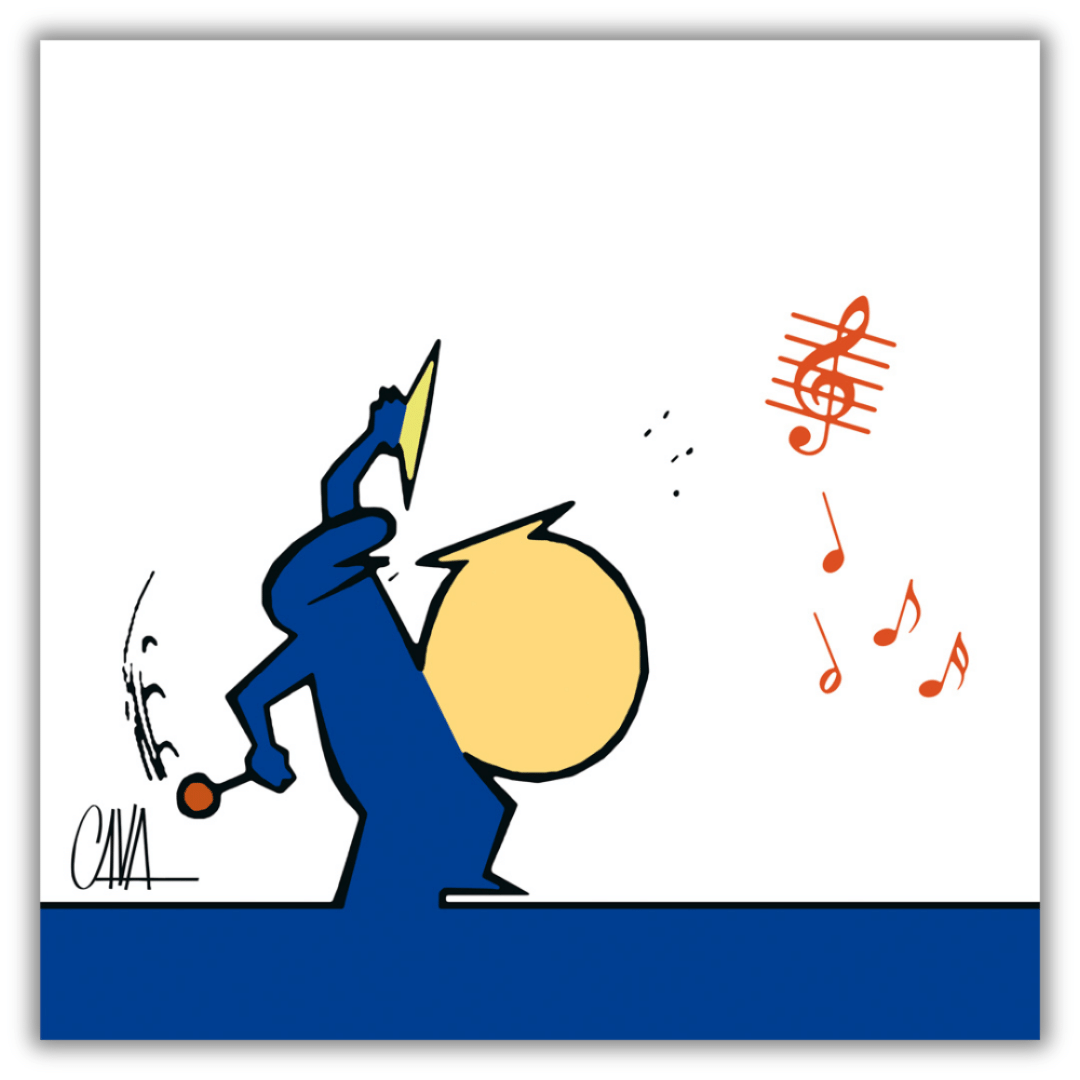 Quadro di Illustrazione colorata "MrLINEA alla batteria", che mostra un personaggio stilizzato di Cavandoli che suona la batteria, con note musicali nell'aria su sfondo blu.