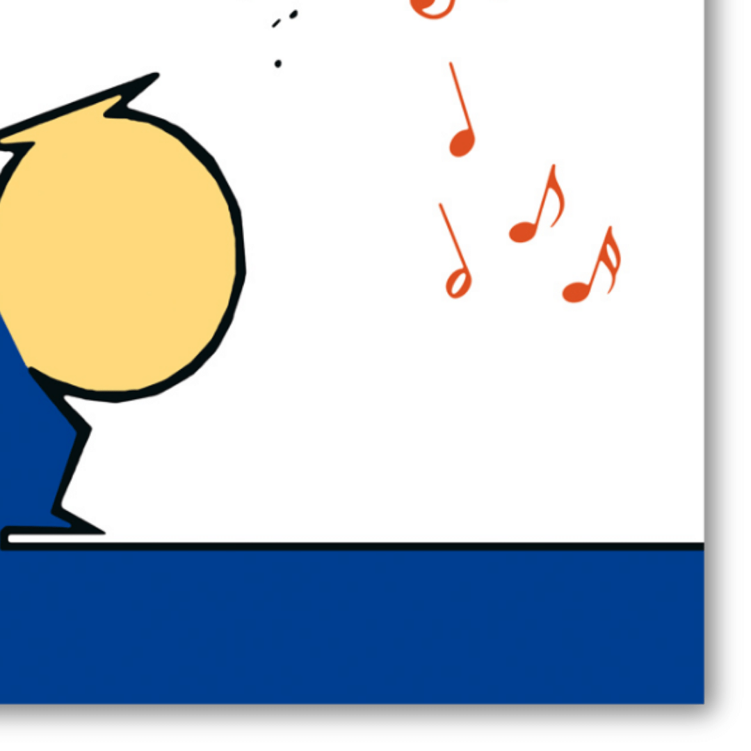 Dettaglio di Illustrazione colorata "MrLINEA alla batteria", che mostra un personaggio stilizzato di Cavandoli che suona la batteria, con note musicali nell'aria su sfondo blu.