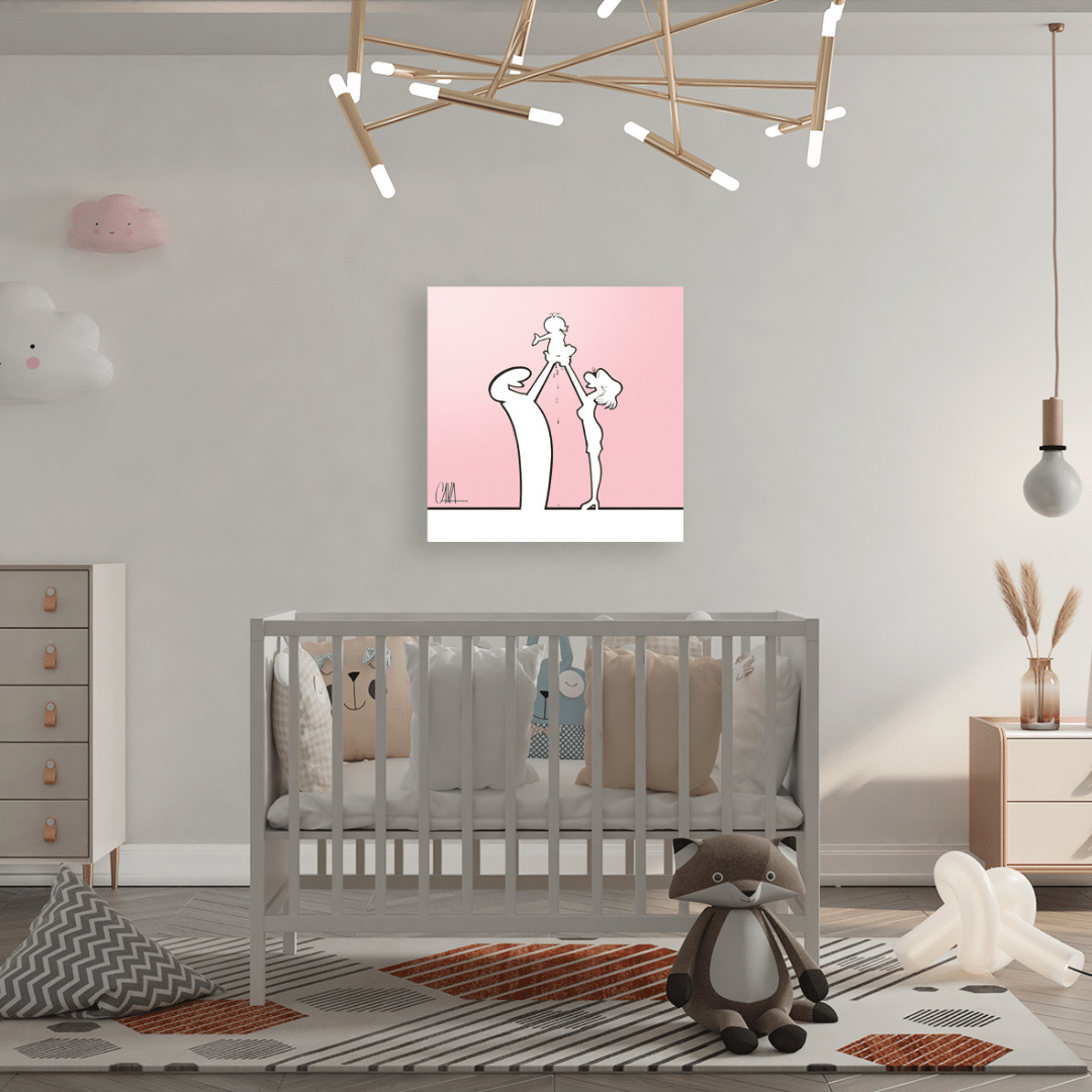 Ambientazione Opera e Illustrazione artistica "MrLINEA Baby rosa", raffigurante un bambino tra due figure su sfondo rosa, creata dall'artista Osvaldo Cavandoli.