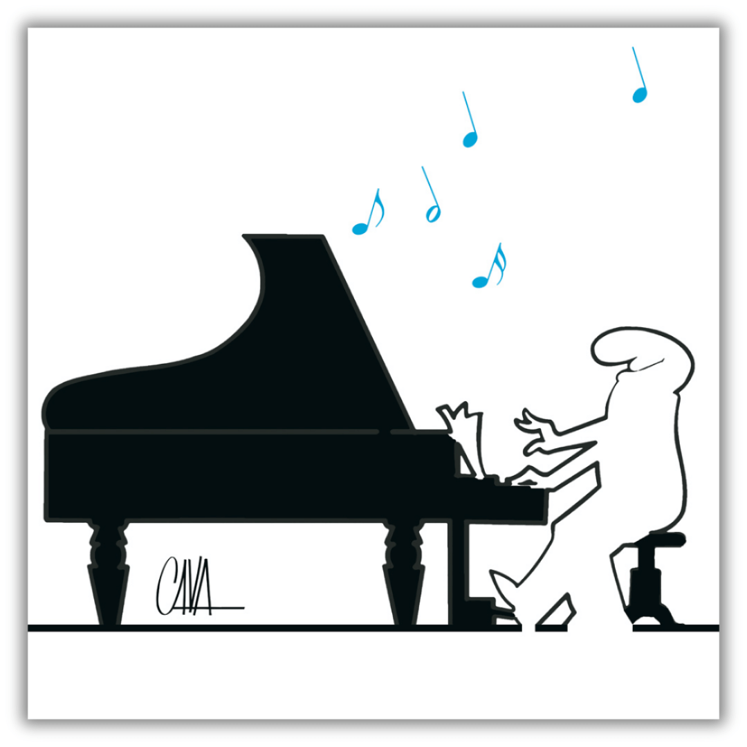 Quadro di MrLINEA al pianoforte di Osvaldo Cavandoli, con MrLINEA che suona un gran pianoforte a coda, immerso in un ambiente di note musicali, raffigurato in un'elegante illustrazione in bianco e nero con accenti di blu.