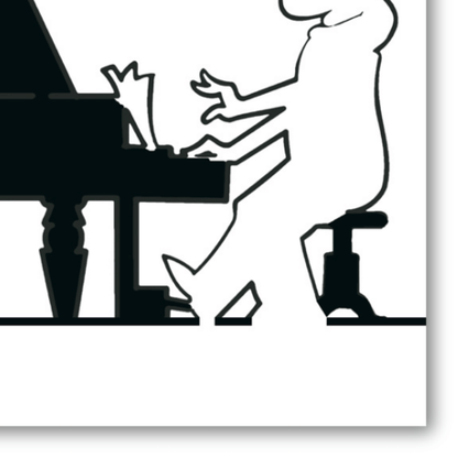 Dettaglio quadro di MrLINEA al pianoforte di Osvaldo Cavandoli, con MrLINEA che suona un gran pianoforte a coda, immerso in un ambiente di note musicali, raffigurato in un'elegante illustrazione in bianco e nero con accenti di blu.