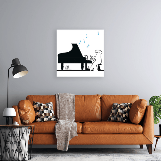 Ambientazione di MrLINEA al pianoforte di Osvaldo Cavandoli, con MrLINEA che suona un gran pianoforte a coda, immerso in un ambiente di note musicali, raffigurato in un'elegante illustrazione in bianco e nero con accenti di blu.